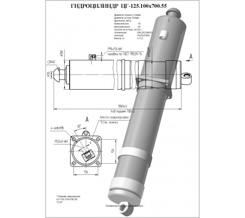 Гидроцилиндр опоры ЦГ-125.100х700.55 (КС-45717.31.200)